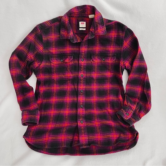 *SOLD* Levi's Classic Worker Overshirt Plaid Purple Orange Small Relaxed - Picture 1 of 13